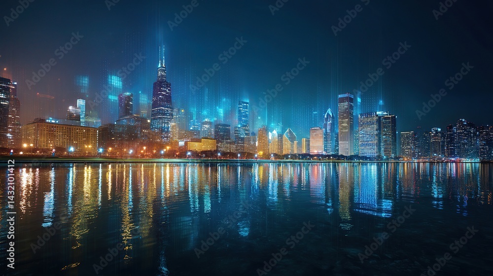 Fototapeta premium Vivid Night Skyline of Chicago with AI Interface Elements