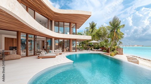 Modern beachfront mansion with infinity pool overlooking the turquoise ocean