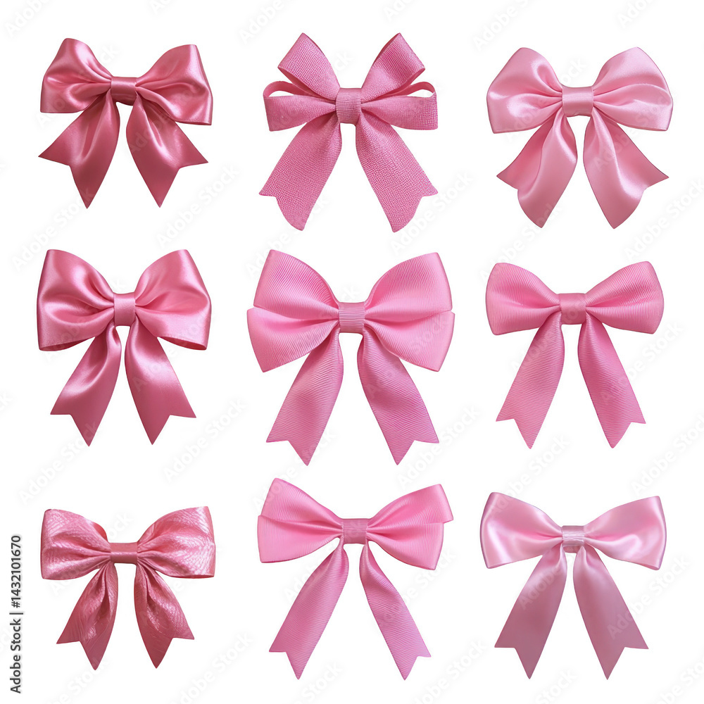 Pink bows various styles and shades are arranged grid pattern, showcasing their elegant and decorative appeal. Each bow features unique design, highlighting versatility of ribbon accessories Pink bows various styles and shades are arranged grid pattern, showcasing their elegant and decorative appeal. Each bow features unique design, highlighting versatility of ribbon accessories