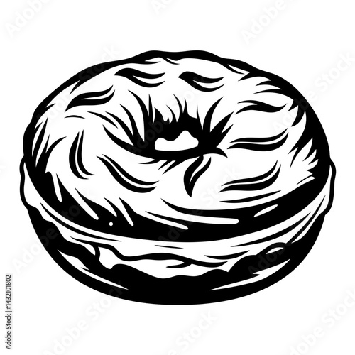 Monochrome illustration of a detailed and appetizing donut with frosting design