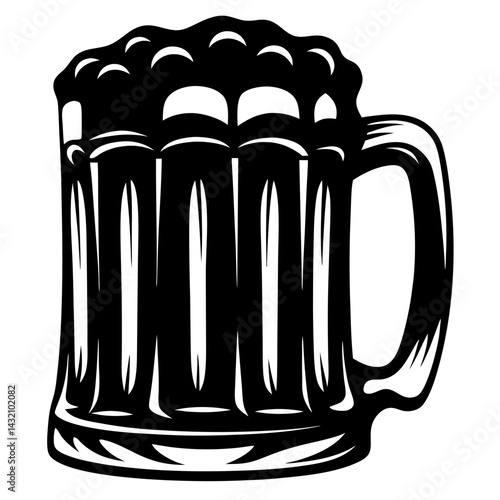 Black and white beer stein vector illustration with a handle and foam