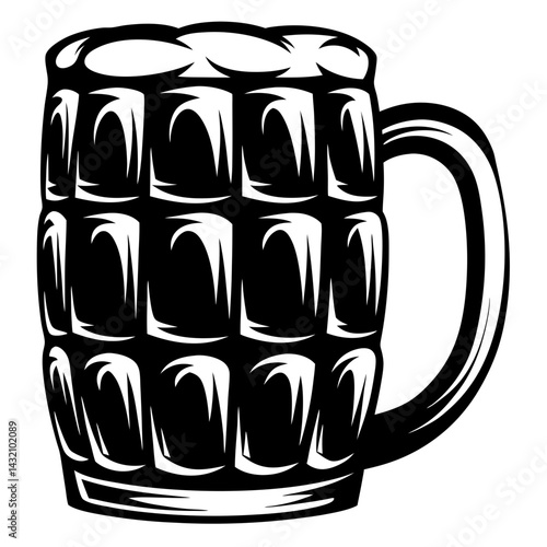 Bold black and white illustration of a traditional beer stein filled with beer