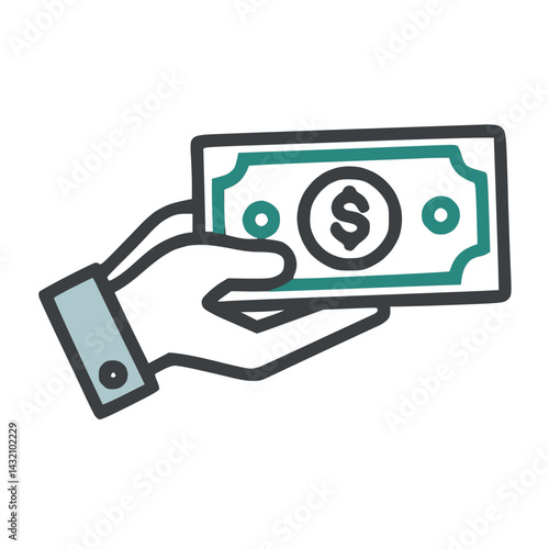 Simple flat icon of a hand holding a dollar bill. Minimalist style illustration representing payment, salary, income, or financial transaction. Perfect for business, finance, and banking themes.