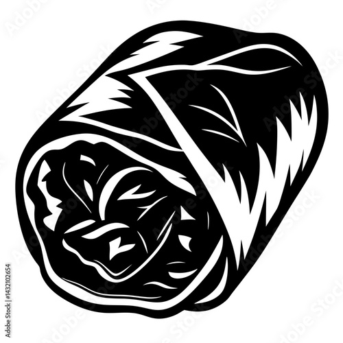 Monochrome Drawing of a Deliciously Wrapped Burrito with Filling and Tortilla
