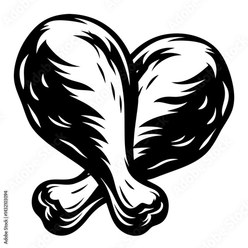 Two chicken legs arranged in a heart shape monochrome black illustration