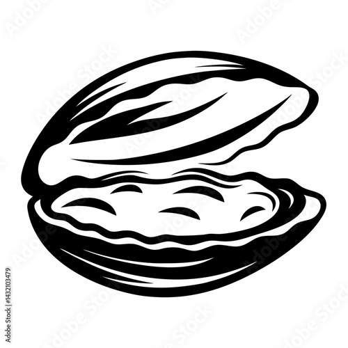 Open seashell illustration in black and white, a marine icon, shellfish design