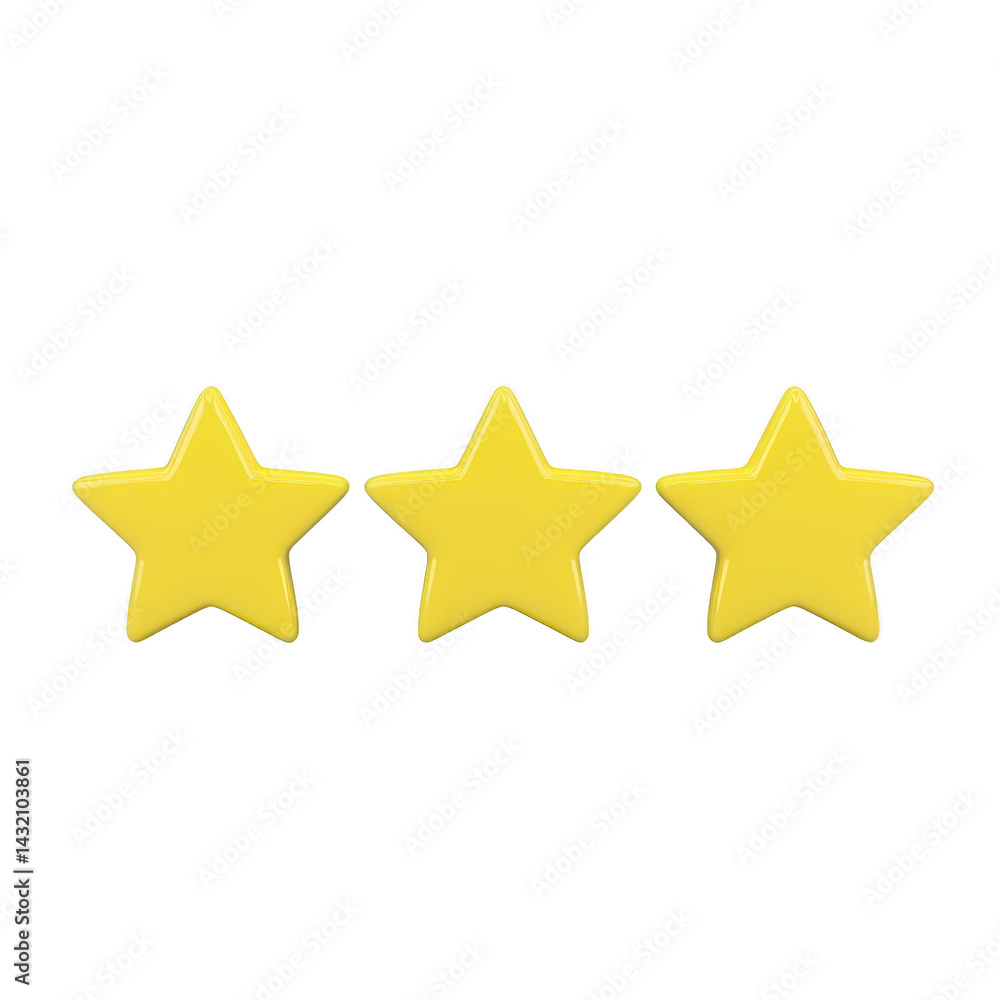 Three yellow stars are aligned in row against transparency background, symbolizing rating or quality. stars are evenly spaced and have simple, clean design Three yellow stars are aligned in row against transparency background, symbolizing rating or quality. stars are evenly spaced and have simple, clean design