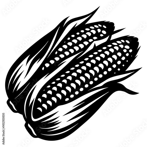 Black and white illustration of two ears of corn with husks