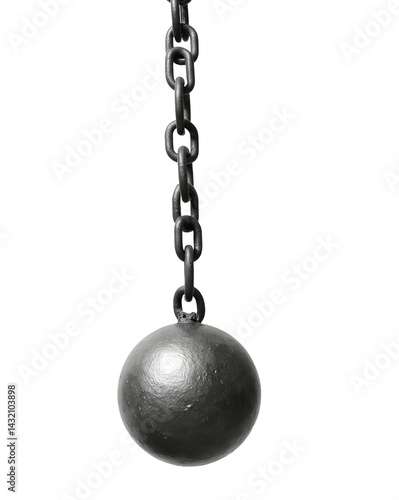 A heavy iron wrecking ball hangs from a thick chain against a transparent background.