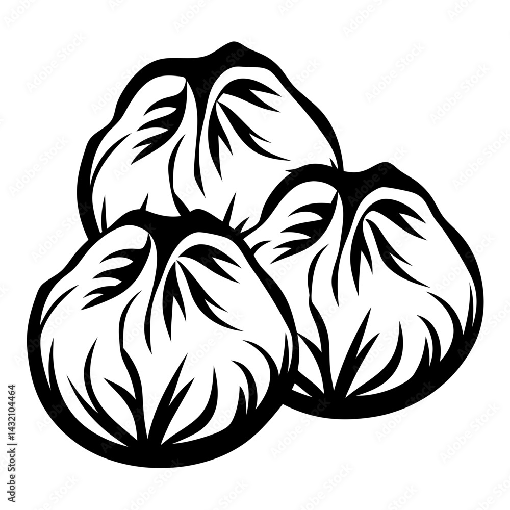 Three Steamed Chinese Buns in Striking Black and White Vector Illustration Three Steamed Chinese Buns in Striking Black and White Vector Illustration