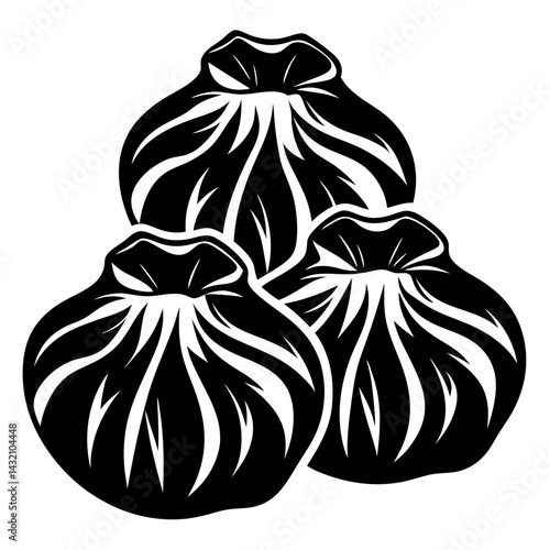 Stylized illustration of three khinkali dumplings, simple black and white artwork