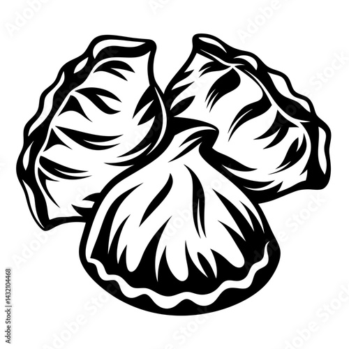 Stylized illustration of three dumplings in a simple black and white design