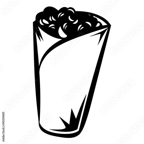 Black and white burrito illustration of delicious Mexican style wrap food