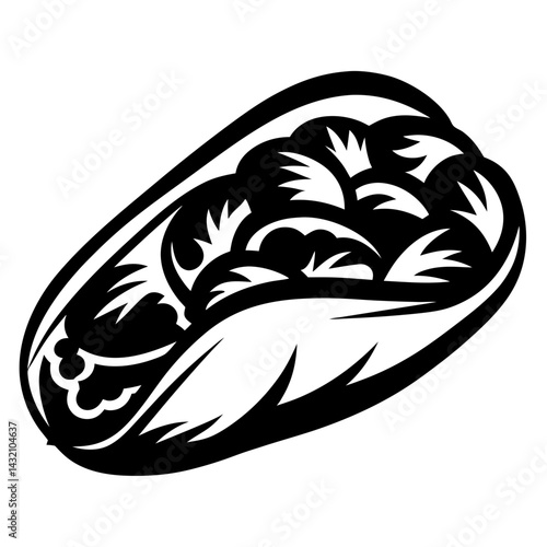 Stylized monochrome vector graphic of a stuffed pita or wrap sandwich