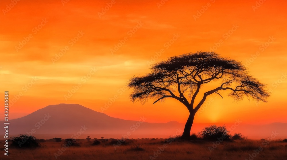 Sunset Over the African Savannah with Acacia Tree and Dramatic Orange Sky Sunset Over the African Savannah with Acacia Tree and Dramatic Orange Sky