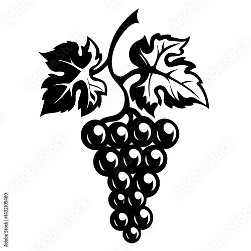 Stylized black and white illustration of grapes with leaves and a vine