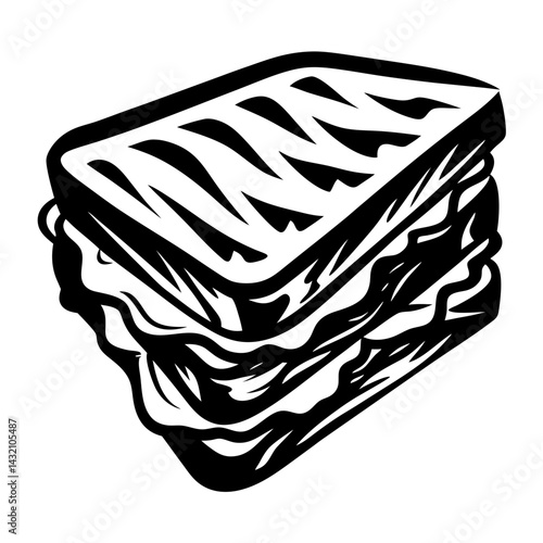 Black and white illustration of a triple decker sandwich with fillings