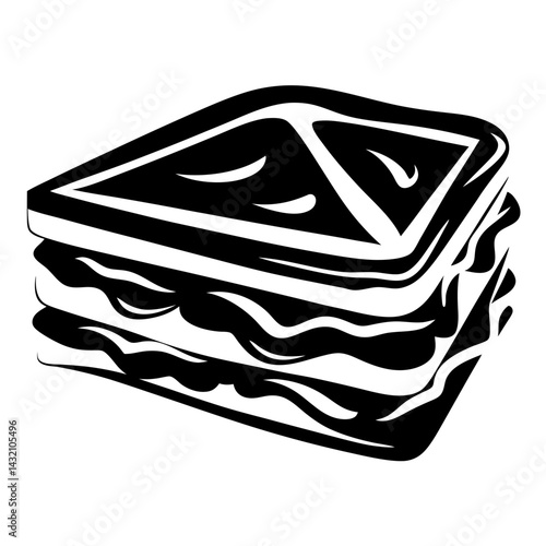 Monochrome vector illustration of a layered sandwich with filling and sliced bread