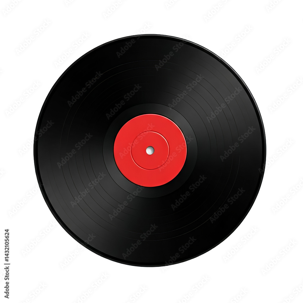 A black vinyl record with a red label is displayed against a transparent background, showcasing its concentric grooves and central hole. A black vinyl record with a red label is displayed against a transparent background, showcasing its concentric grooves and central hole.