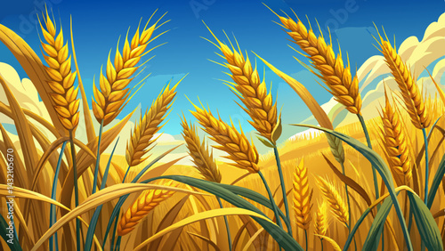 A close-up of golden barley stalks in a vast field, framed against an open blue sky with plenty of room for adding text or logos