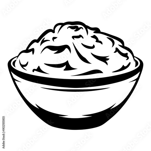 Monochromatic illustration of a bowl filled with fluffy mash or grains illustration
