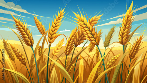 A close-up of golden barley stalks in a vast field, framed against an open blue sky with plenty of room for adding text or logos