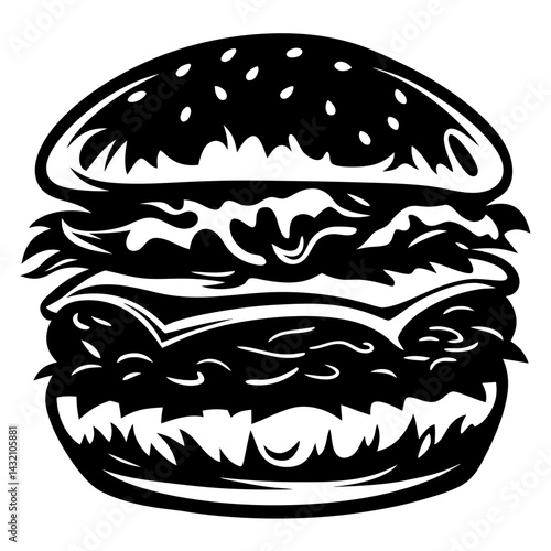 Monochrome illustration of a delicious burger with sesame seed bun and fillings