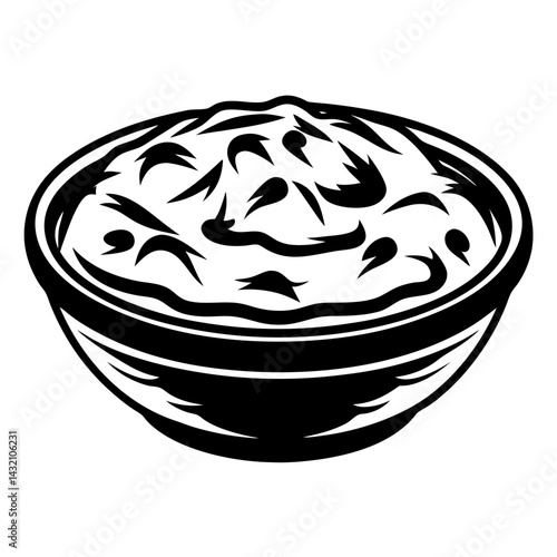 A black and white graphic representation of a bowl of hearty soup