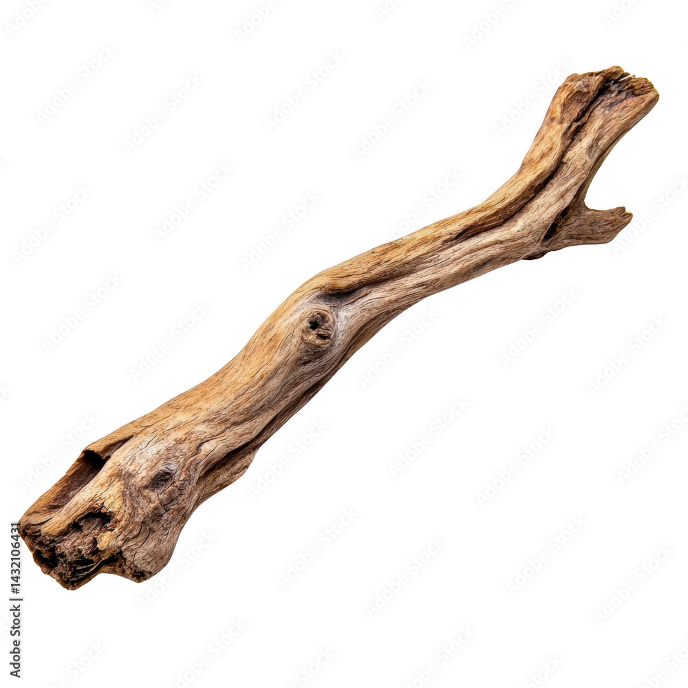weathered wooden branch with natural, rustic appearance, showcasing intricate textures and knots. branch is isolated on transparency background, highlighting its organic form weathered wooden branch with natural, rustic appearance, showcasing intricate textures and knots. branch is isolated on transparency background, highlighting its organic form