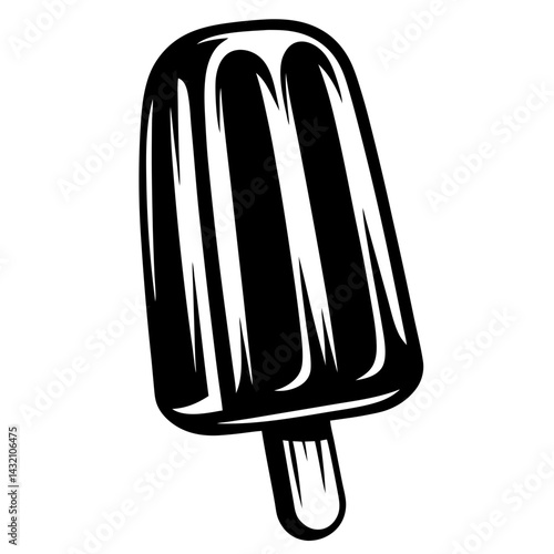 Black and white illustration of a classic fudge popsicle on a stick