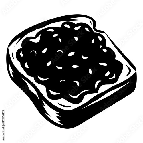 Monochrome Illustration of a Slice of Bread Topped with Dark Fruit Jam