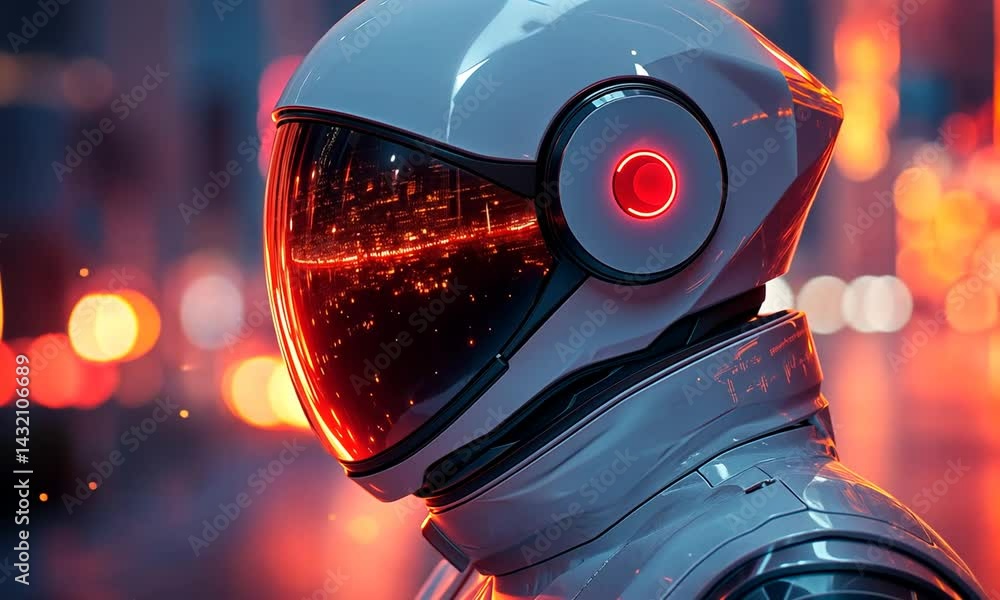 Futuristic astronaut in a sleek helmet, illuminated cityscape in the background at night Futuristic astronaut in a sleek helmet, illuminated cityscape in the background at night