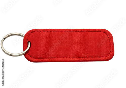 A red rectangular keychain with a metal ring, featuring a textured fabric surface and visible stitching, set against a transparent background.