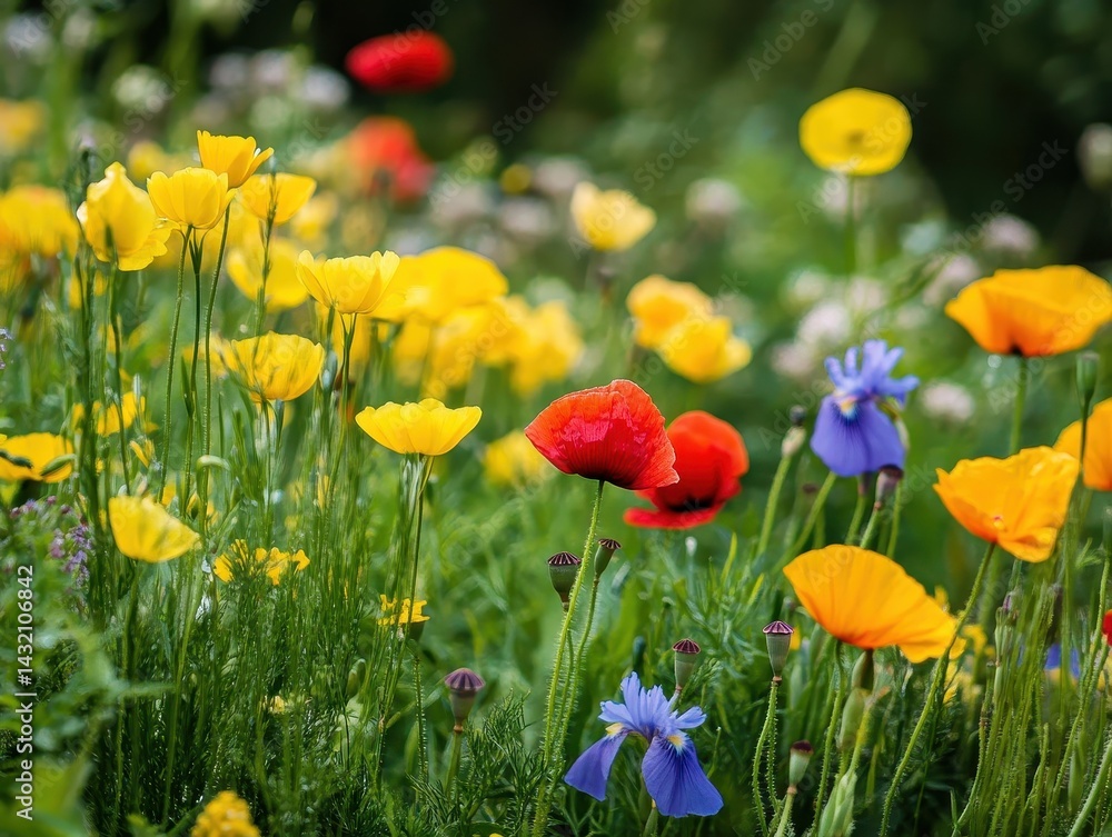 Fototapeta premium Vibrant wildflowers in a meadow burst with color.