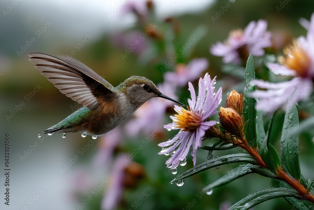 Fototapeta premium An enchanting image showcasing a hummingbird in mid-flight, feeding on blooming flowers adorned with droplets, illustrating the beauty of nature's vibrant colors and dynamic movement.