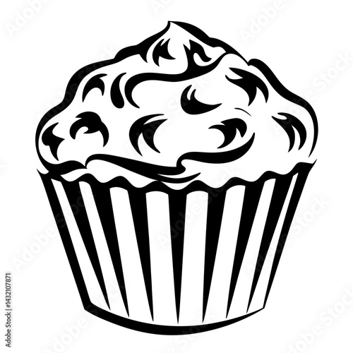 Stylized black and white cupcake image with decorative frosting details.