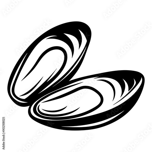 Black and white illustration of two open mussel shells in shellfish