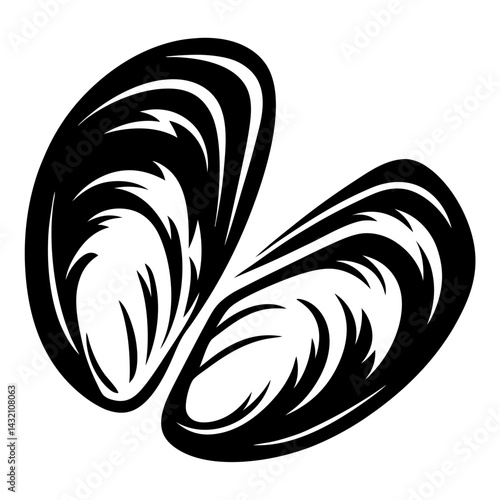 Stylized black and white mussel shell illustration representing seaside culinary delicacy
