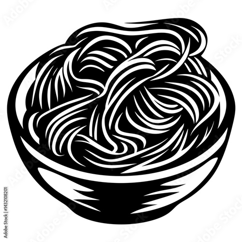 Monochromatic illustration of a generous serving of pasta in a bowl