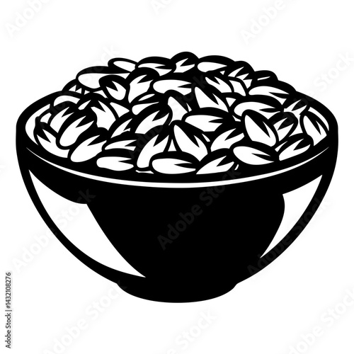 Monochrome Illustration of a Bowl Overflowing with Grains or Seeds, Graphic Style