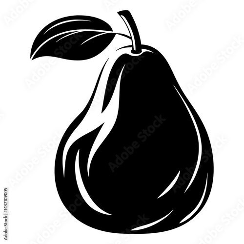 Elegant black and white pear illustration with a single leaf detail