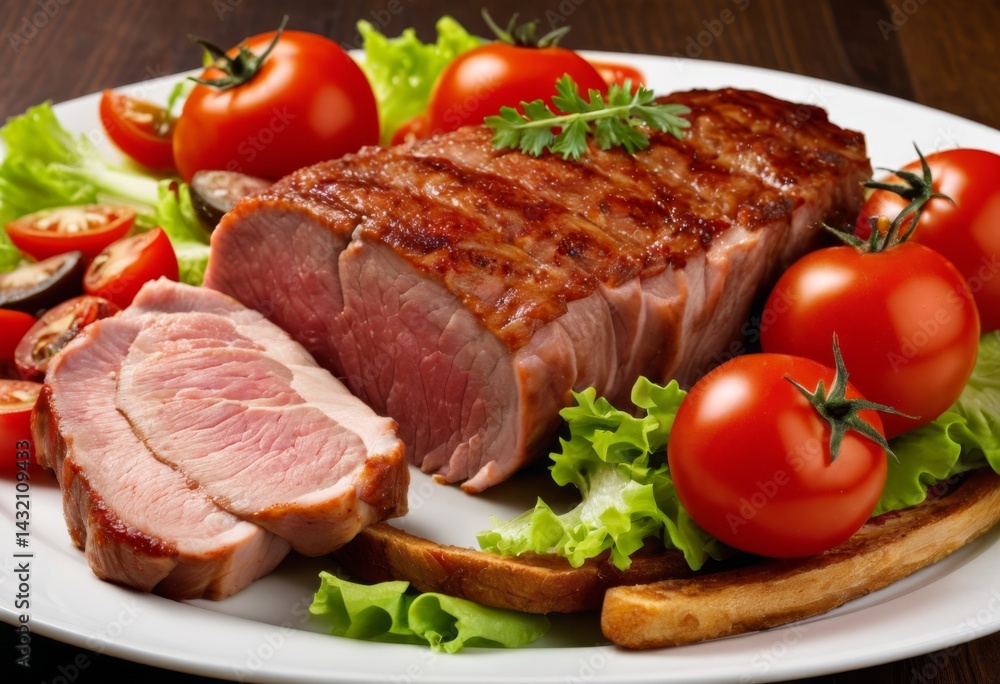 Close-up of a plate of meat and vegetables on the table Close-up of a plate of meat and vegetables on the table