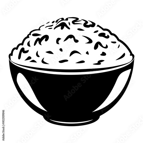 Black and White Bowl Full of Rice, Stylized Food Illustration