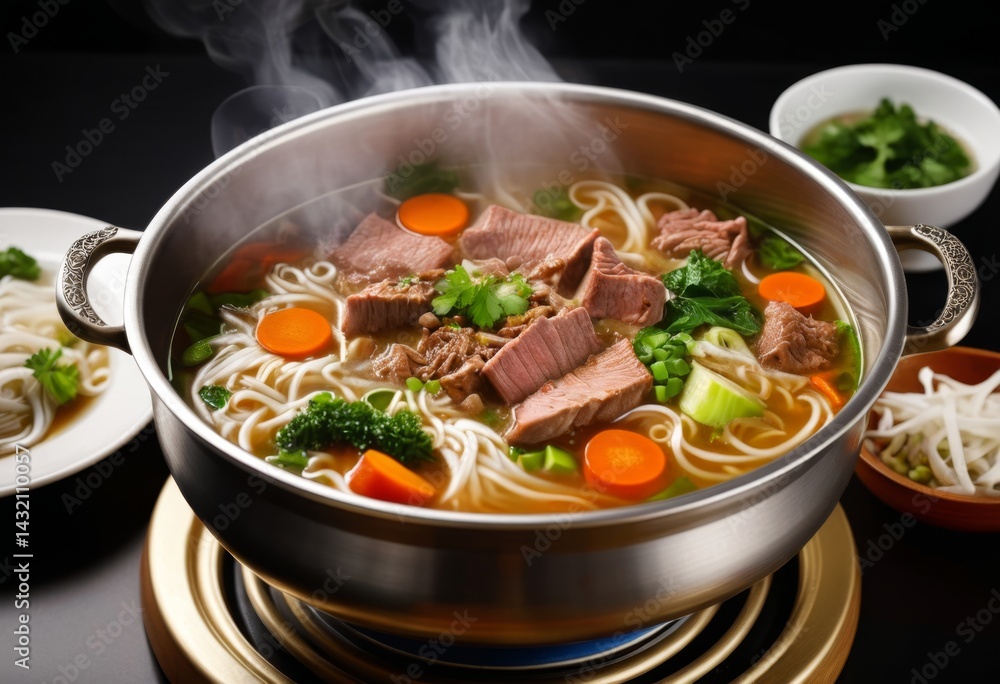 A pot of meat and vegetable soup was placed on the stove A pot of meat and vegetable soup was placed on the stove