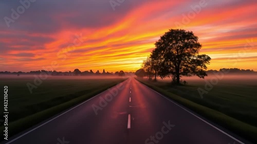 Road to Fiery Sunrise: Empty Asphalt Through Misty Fields at Dawn