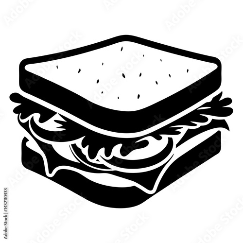 Monochrome Illustration of a Square Sandwich with Lettuce and Other Fillings