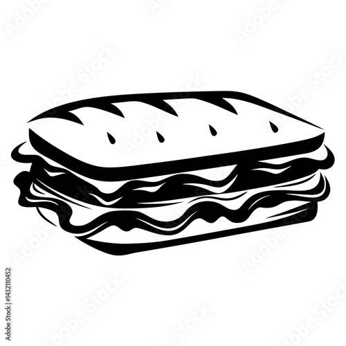 Stylized vector illustration of a large sandwich with layered fillings and bread