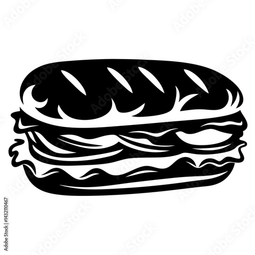 High contrast monochromatic illustration of a generously filled sandwich, rich in layers