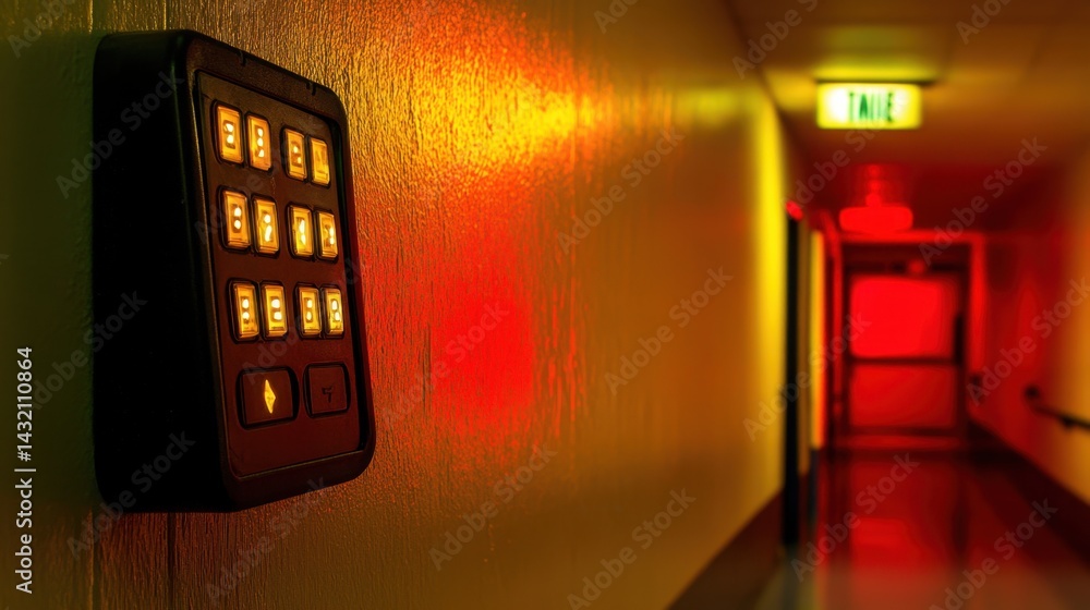 Obraz premium Alarm system keypad with illuminated numbers and status lights mounted on a hallway wall