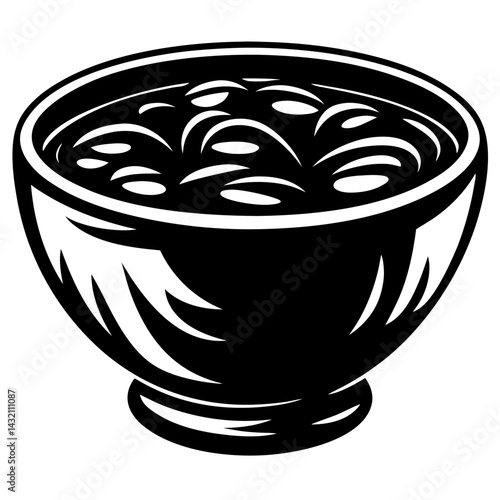 Stylized monochrome illustration of a bowl of soup with floating ingredients